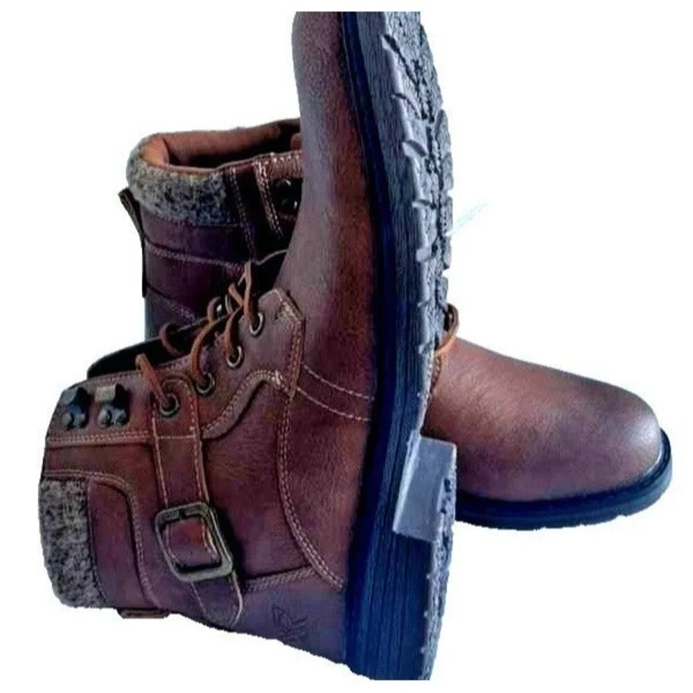 Xray Mens Brown Lace-Up Ankle Boots Buckle Detail Size 10.5 Faux Leather